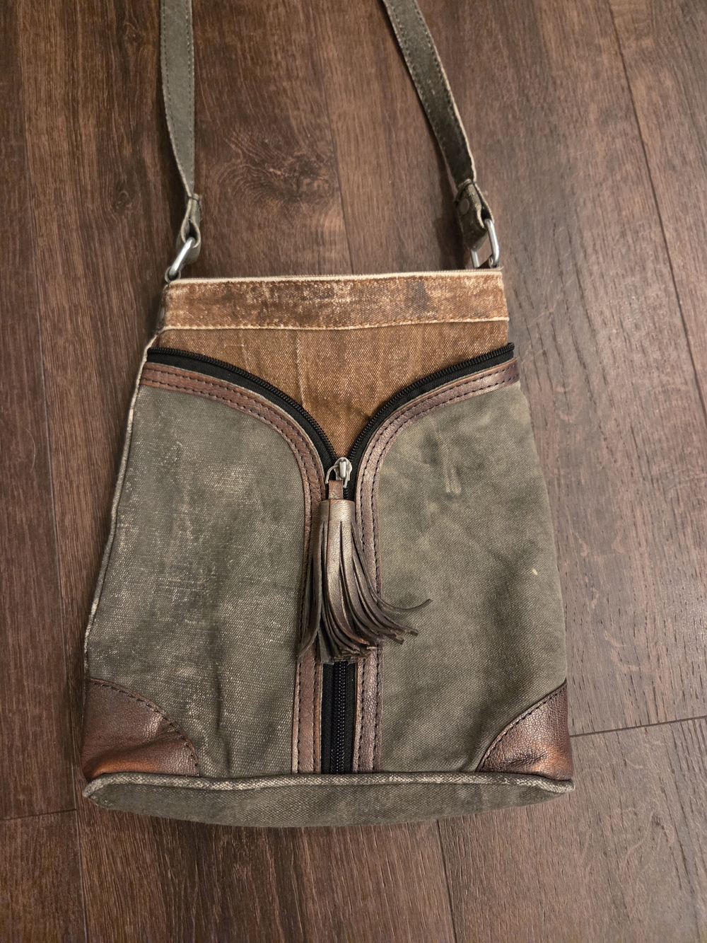 Mona B Olive Green Canvas Crossbody with Brown Leather Trim and Tassel